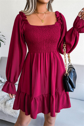 Burgundy Fashion Casual Solid Patchwork Square Collar Long Sleeve Dresses