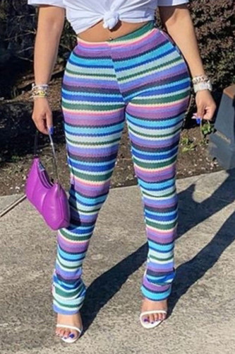 Blue Purple Fashion Street Striped Print Patchwork Fold High Waist Speaker Full Print Bottoms