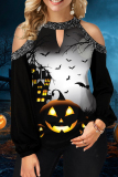 Purple Halloween Fashion Casual Print Hollowed Out Patchwork O Neck Tops