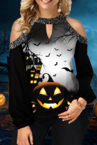 Black Halloween Fashion Casual Print Hollowed Out Patchwork O Neck Tops
