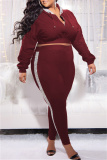 Burgundy Fashion Casual Solid Patchwork Hooded Collar Plus Size Two Pieces