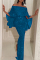 Blue Fashion Sexy Solid Patchwork Slit Off the Shoulder Evening Dress