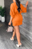 Tangerine Casual Solid Patchwork Draw String V Neck Straight Dresses