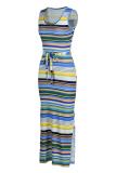 Blue Fashion Casual Striped Print Slit U Neck Vest Dress