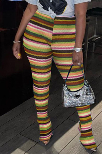 Green Yellow Fashion Street Striped Print Patchwork Fold High Waist Speaker Full Print Bottoms