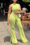 Light Green Fashion Casual Solid Slit O Neck Sleeveless Two Pieces