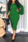 Green Fashion Casual Solid Patchwork Slit O Neck Long Sleeve Dresses
