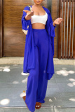 Blue Fashion Casual Solid Cardigan Pants Long Sleeve Two Pieces