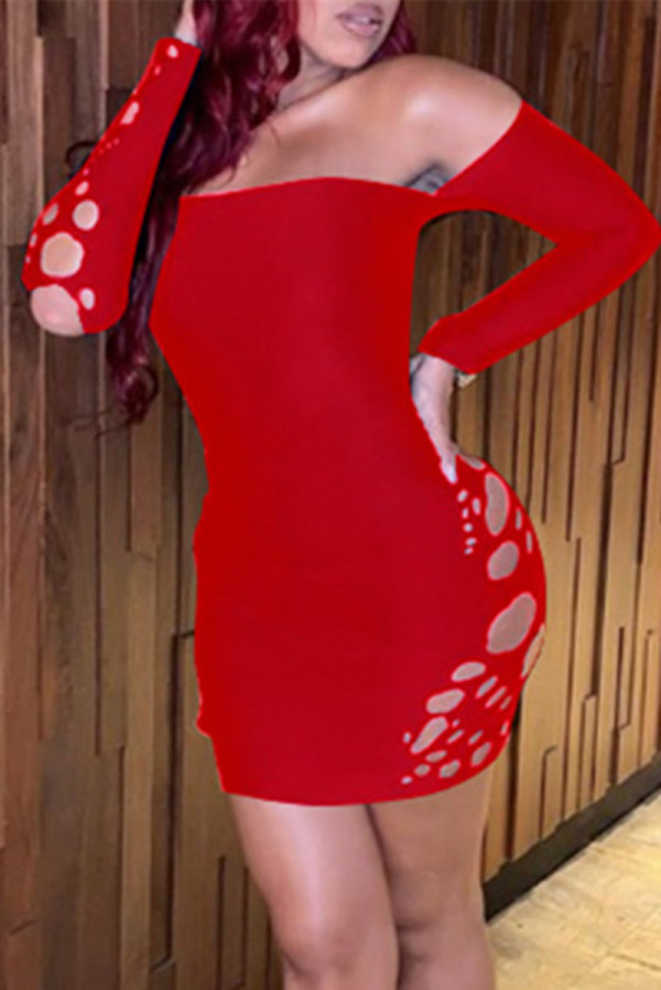Red Fashion Sexy Solid Ripped Hollowed Out Backless Off the Shoulder Long Sleeve Dresses