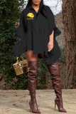 Black Fashion Casual Print Patchwork Turndown Collar Irregular Dress