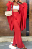Red Fashion Casual Solid Cardigan Pants Long Sleeve Two Pieces