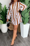 Brown Fashion Casual Striped Print Basic V Neck Long Sleeve Dresses