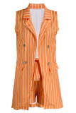 Fruit Green Fashion Casual Striped Print Patchwork Cardigan Turndown Collar Plus Size Two Pieces (Without T-shirt)