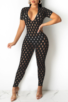 Black Fashion Sexy Solid Ripped Hollowed Out V Neck Skinny Jumpsuits