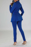 Blue Sexy Solid Patchwork Zipper Turn-back Collar Long Sleeve Two Pieces