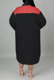 Red Black Fashion Casual Patchwork Contrast Zipper Collar Long Sleeve Plus Size Dresses