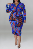 Blue Fashion Print Patchwork Turndown Collar Pencil Skirt Plus Size Dresses