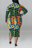 Green Fashion Print Patchwork Turndown Collar Pencil Skirt Plus Size Dresses