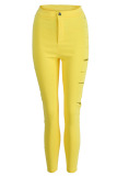Yellow Sexy Street Solid Ripped Patchwork High Waist Pencil Solid Color Bottoms