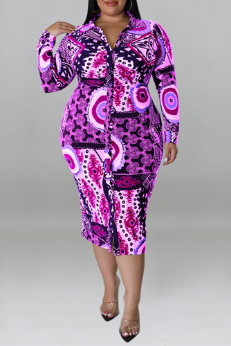Purple Fashion Print Patchwork Turndown Collar Pencil Skirt Plus Size Dresses
