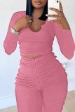Pink Fashion Casual Sweet Solid Fold O Neck Long Sleeve Two Pieces