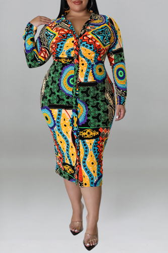 Green Fashion Print Patchwork Turndown Collar Pencil Skirt Plus Size Dresses