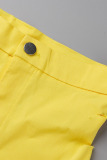 Yellow Sexy Street Solid Ripped Patchwork High Waist Pencil Solid Color Bottoms