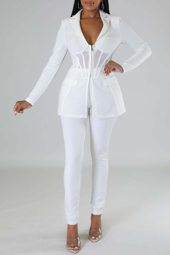 White Sexy Solid Patchwork Zipper Turn-back Collar Long Sleeve Two Pieces