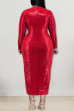 Red Sexy Solid Sequins Patchwork Slit V Neck Plus Size Dresses