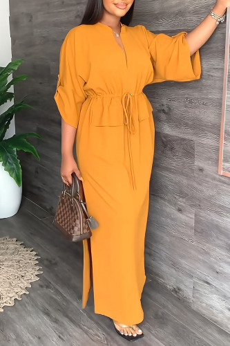 Yellow Casual Solid Patchwork V Neck Straight Dresses