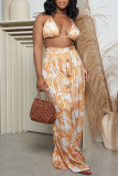Orange Sexy Casual Print Bandage Backless Halter Sleeveless Two Pieces