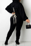 Black Fashion Casual Print Basic Hooded Collar Long Sleeve Two Pieces