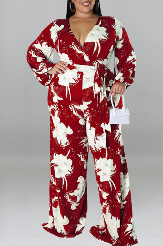 Red Casual Print Bandage Patchwork V Neck Plus Size Jumpsuits