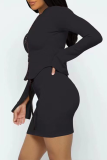 Black Sexy Solid Patchwork Zipper Collar Long Sleeve Two Pieces