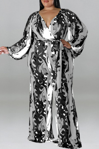 Black Casual Print Bandage Patchwork V Neck Plus Size Jumpsuits
