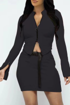 Black Sexy Solid Patchwork Zipper Collar Long Sleeve Two Pieces