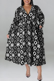Fuchsia Casual Print Patchwork With Belt Turndown Collar Shirt Dress Plus Size Dresses