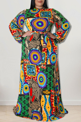 Green Fashion Casual Print Patchwork O Neck Straight Plus Size Dresses
