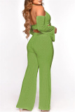 Fruit Green Fashion Sexy Solid Hollowed Out Frenulum Backless Halter Long Sleeve Two Pieces