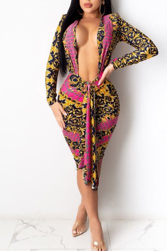 Multicolor Sexy Print Bandage Patchwork One Step Skirt Dresses