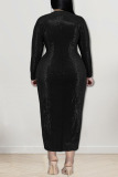 Black Sexy Solid Sequins Patchwork Slit V Neck Plus Size Dresses