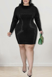 Black Fashion Sexy Solid Sequins Patchwork Feathers O Neck One Step Skirt Plus Size Dresses