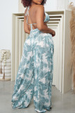 Blue Sexy Casual Print Bandage Backless Halter Sleeveless Two Pieces