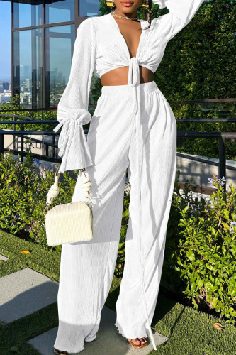 White Sexy Solid Bandage Patchwork V Neck Long Sleeve Two Pieces