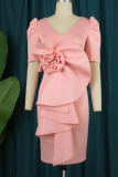 Pink Elegant Solid Patchwork Flounce V Neck Evening Dress Dresses