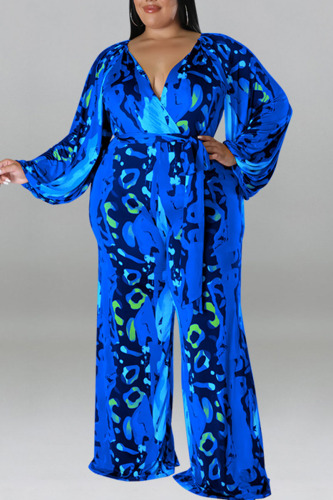 Blue Casual Print Bandage Patchwork V Neck Plus Size Jumpsuits