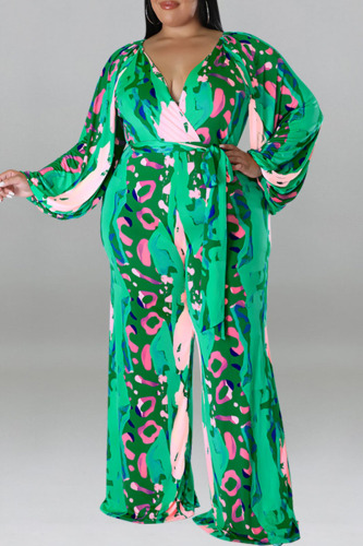 Green Casual Print Bandage Patchwork V Neck Plus Size Jumpsuits