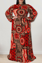 Red Fashion Casual Print Patchwork O Neck Straight Plus Size Dresses