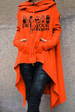 Tangerine Red Street Punk Print Patchwork Asymmetrical Hooded Collar Tops