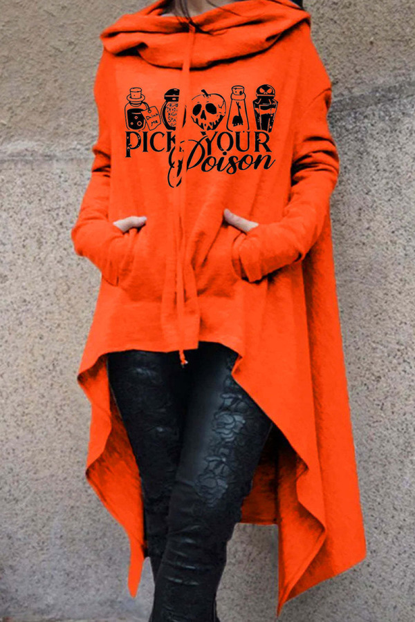 Black Orange Street Punk Print Patchwork Asymmetrical Hooded Collar Tops